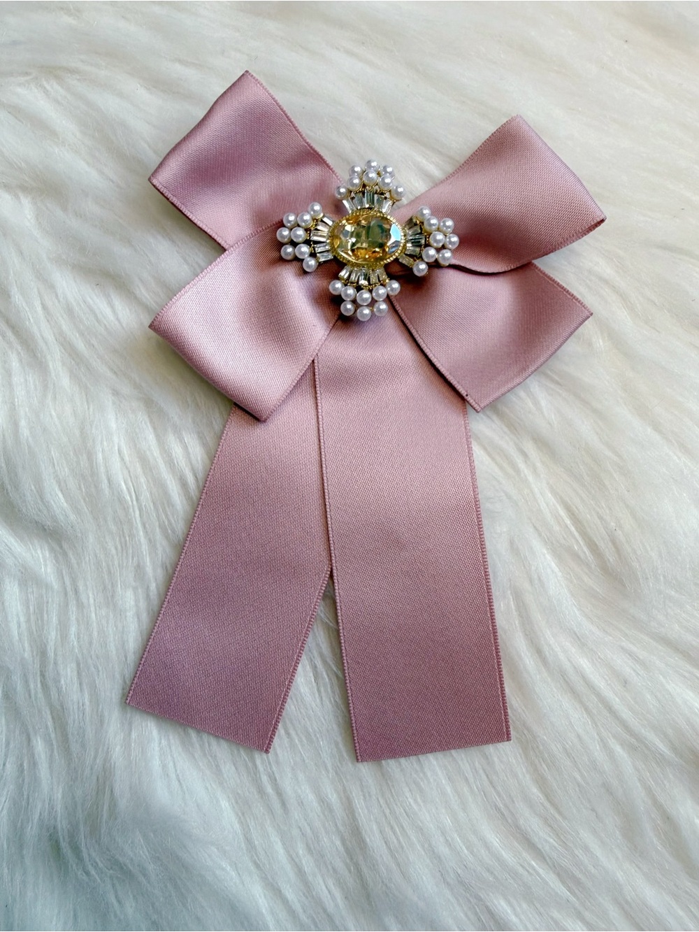 Pink Satin Bow Brooch with Pearl Crystal